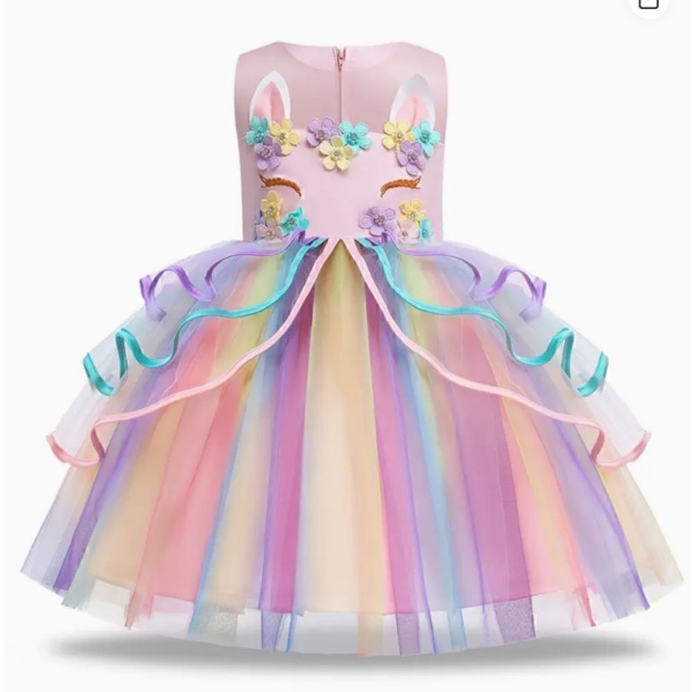 NEW! Little Girl Princess Unicorn Frilled Colorful Rainbow Mesh Hem Ball Gown